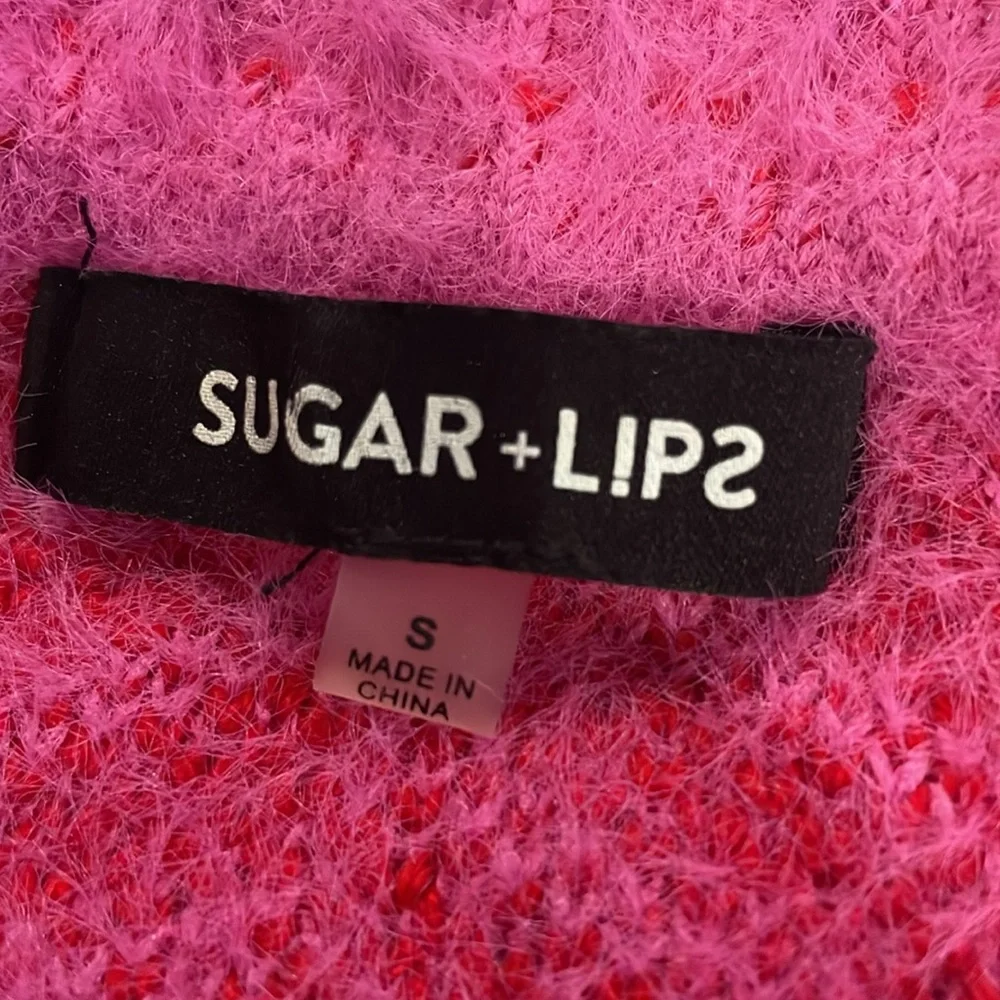 SUGAR LIPS Chevron Cheshire Eyelash Pink Red Crop Print Fuzzy Sweater - Size S - Picture 4 of 12